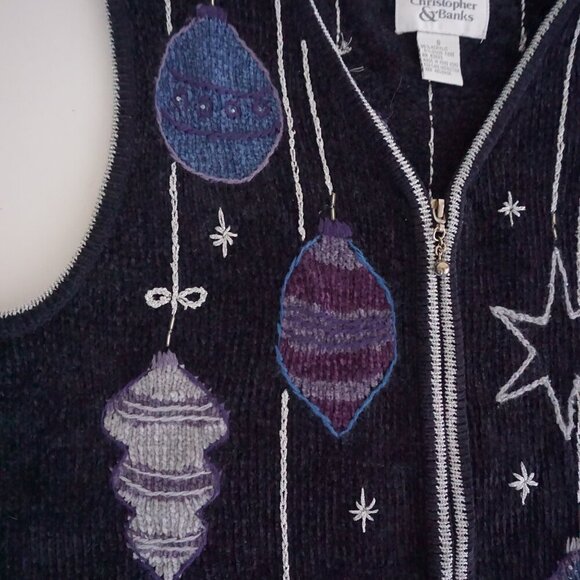 Vintage Christopher & Banks Navy Embroidered Christmas Ornaments Zip Vest S - Picture 8 of 9
